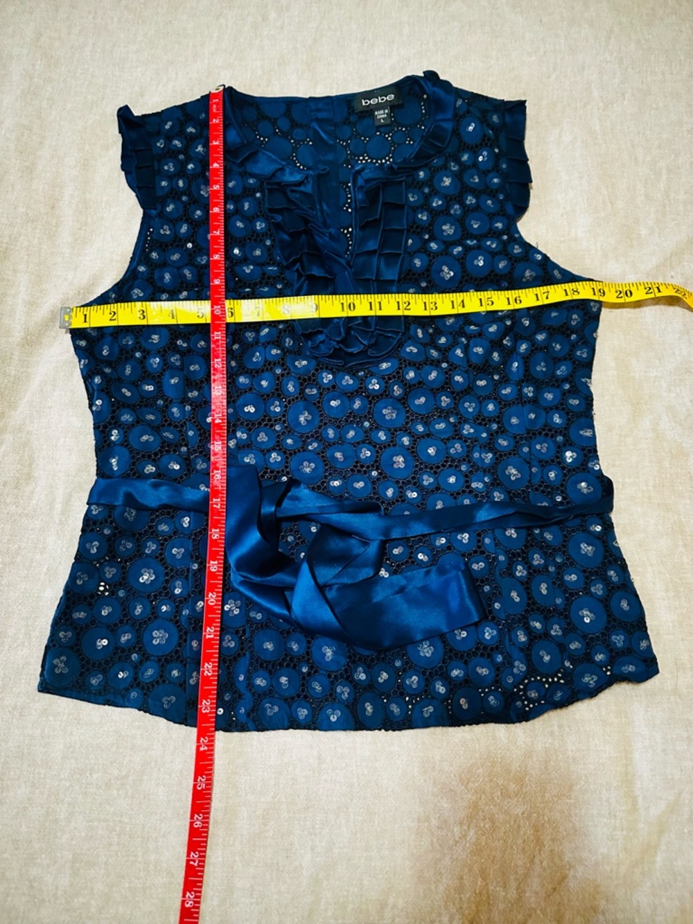 Bebe Navy Cotton Eyelet Lace & Silk Trim, Tie-Waist Blouse - L - Picture 6 of 6